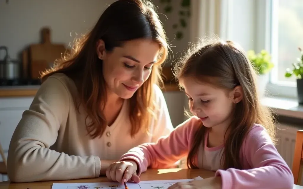 Dziecko odrabiające kartę pracy przy stole, obok kredki